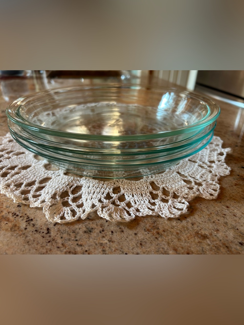 Pyrex #209 Pie Dishes Aqua Tint 9” Set of (3) 1” D. Smooth Translucent Glass